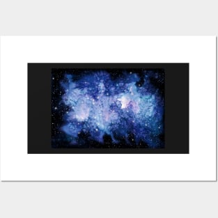 Watercolor Deep Blue Nebula and Stars Posters and Art